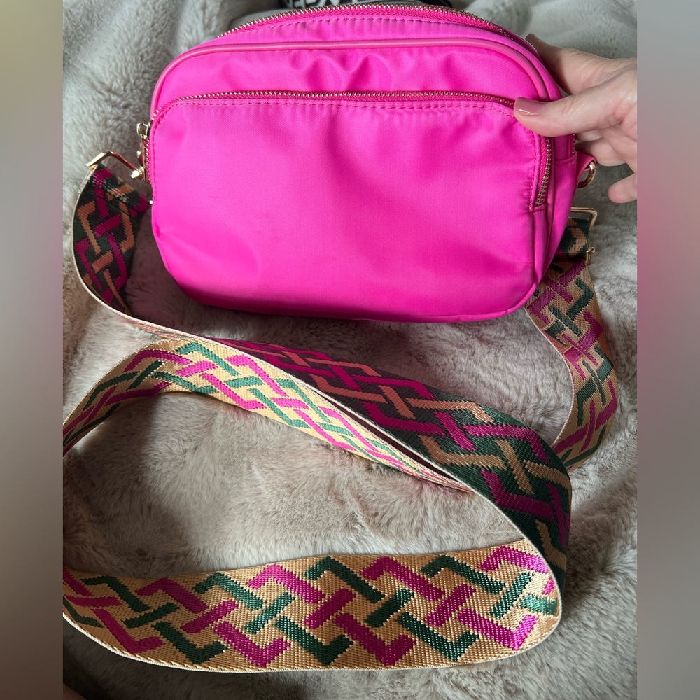 Chic Pink Crossbody Bag with Patterned Strap